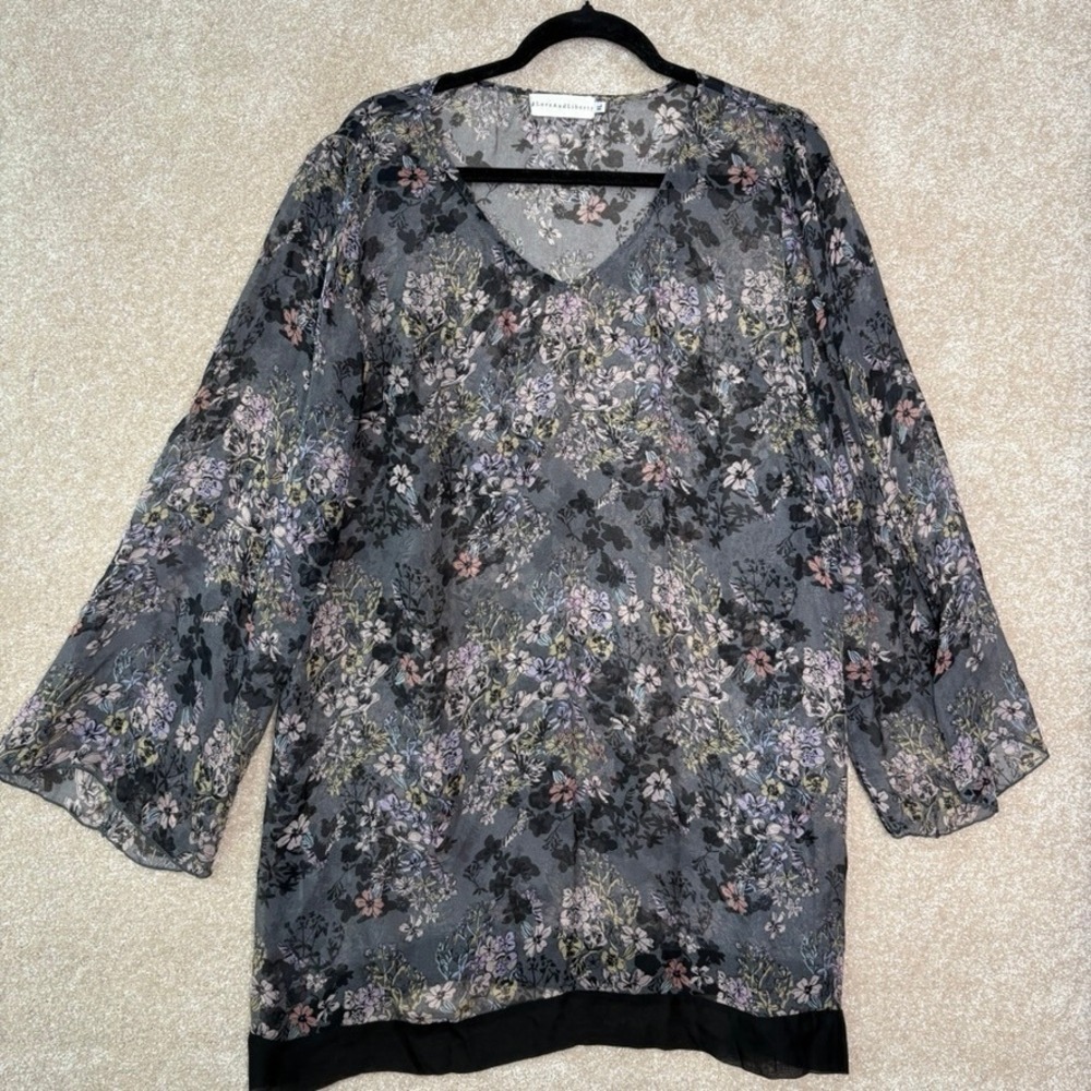 JOHNNY WAS 4 Love And Liberty 100% Silk Tunic Blouse Top Women's XL Black Floral